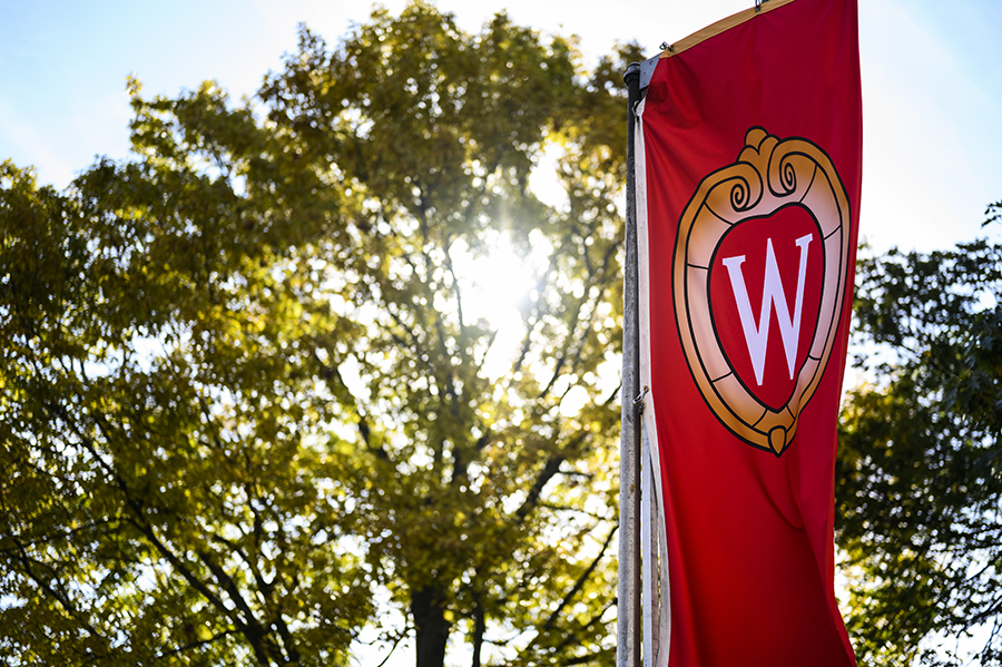W crest on a flag on Bascom Hill
